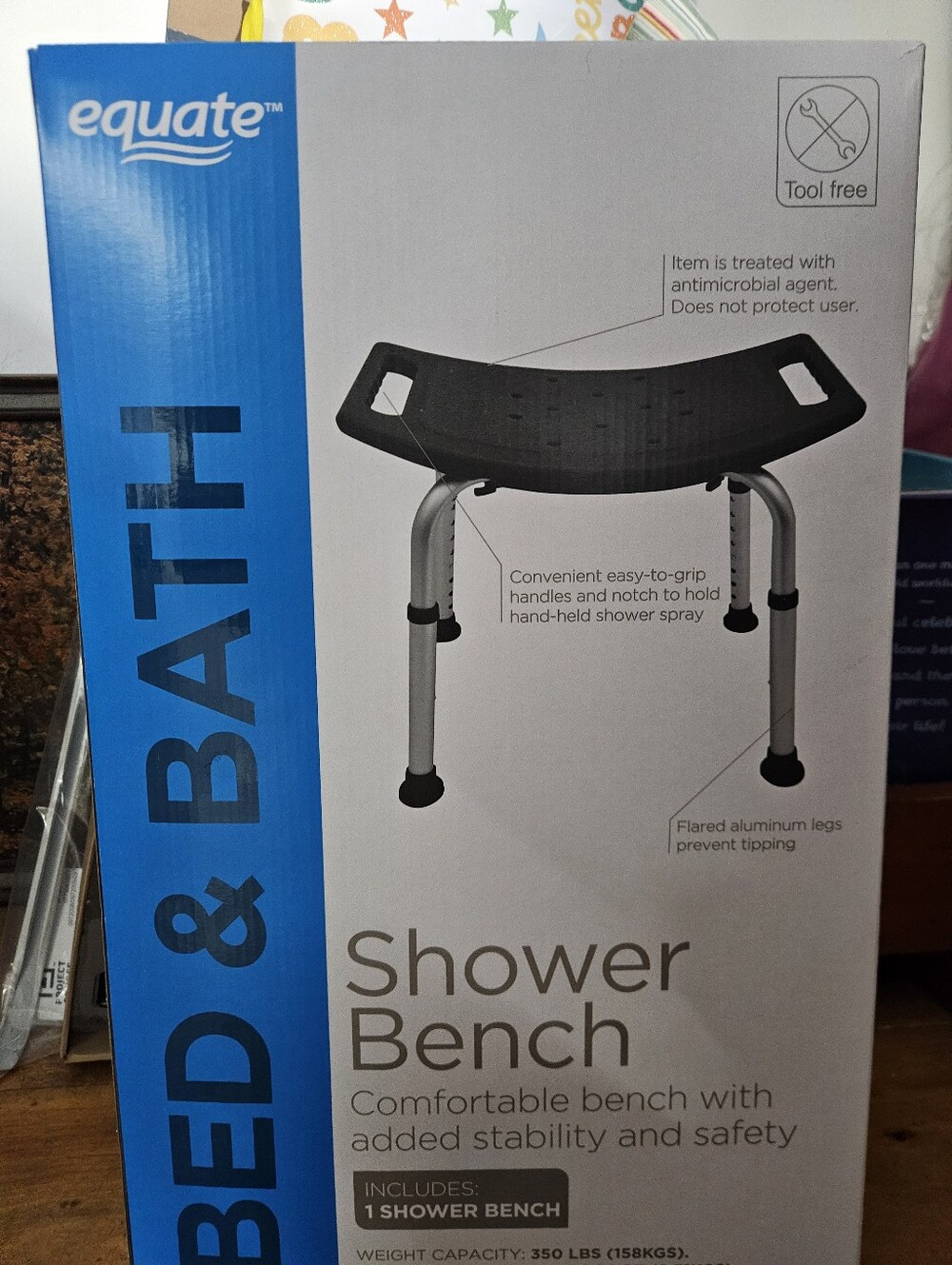 Equate Black Shower Bench - Sturdy Bath Seat